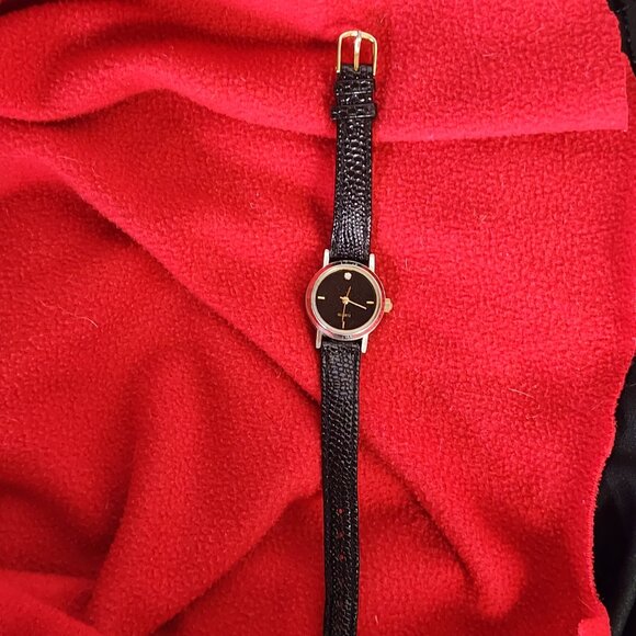 SKC Black Gold Tone Genuine Leather Embossed Strap Diamond Quartz SS Back Watch - Picture 5 of 16